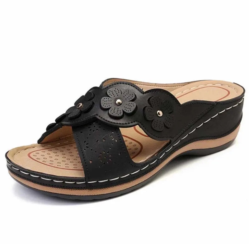 Roman sandals for women with floral embellishment and wedge heel-Bondi Label