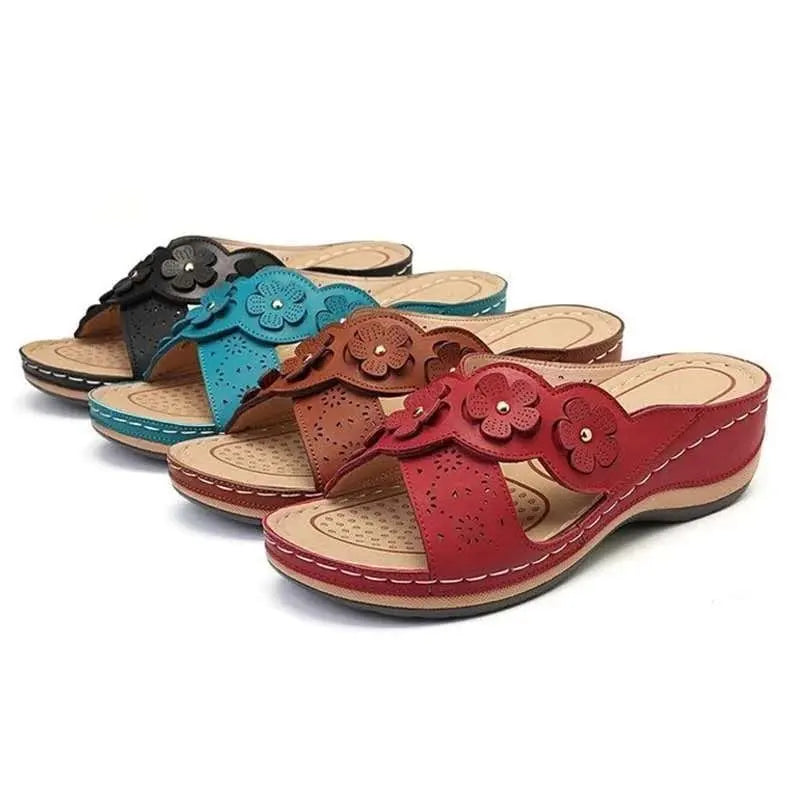 Roman sandals for women with floral embellishment and wedge heel-Bondi Label