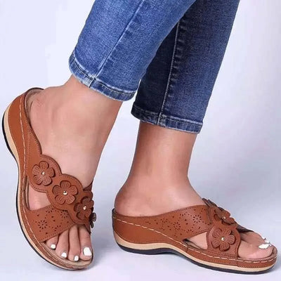 Roman sandals for women with floral embellishment and wedge heel-Bondi Label